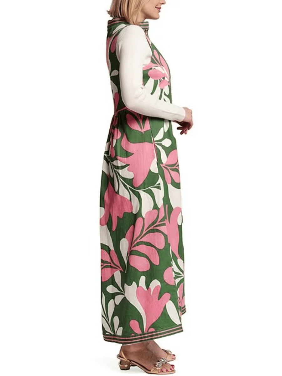 Women's Green Pink Floral Print Sleeveless Maxi Vest - allsose