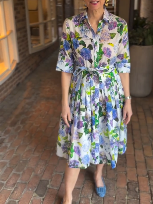Women's Hydrangea Print Belted Shirt Dress With 3/4 Sleeves - allsose