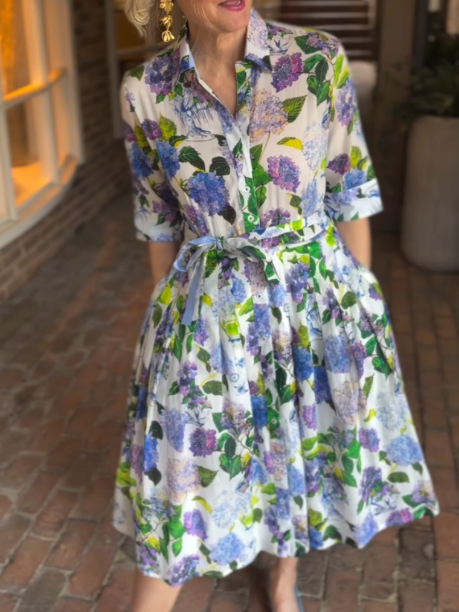 Women's Hydrangea Print Belted Shirt Dress With 3/4 Sleeves - allsose