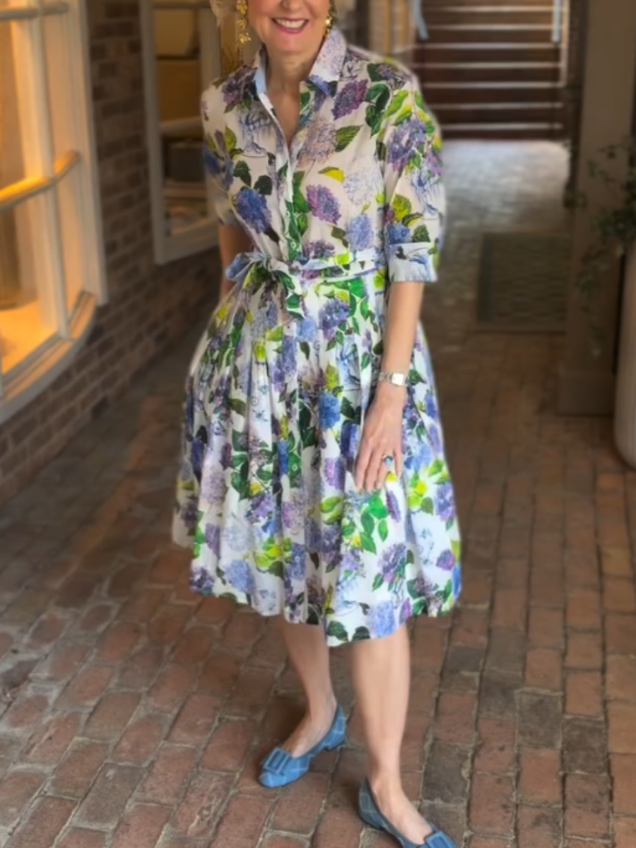 Women's Hydrangea Print Belted Shirt Dress With 3/4 Sleeves - allsose