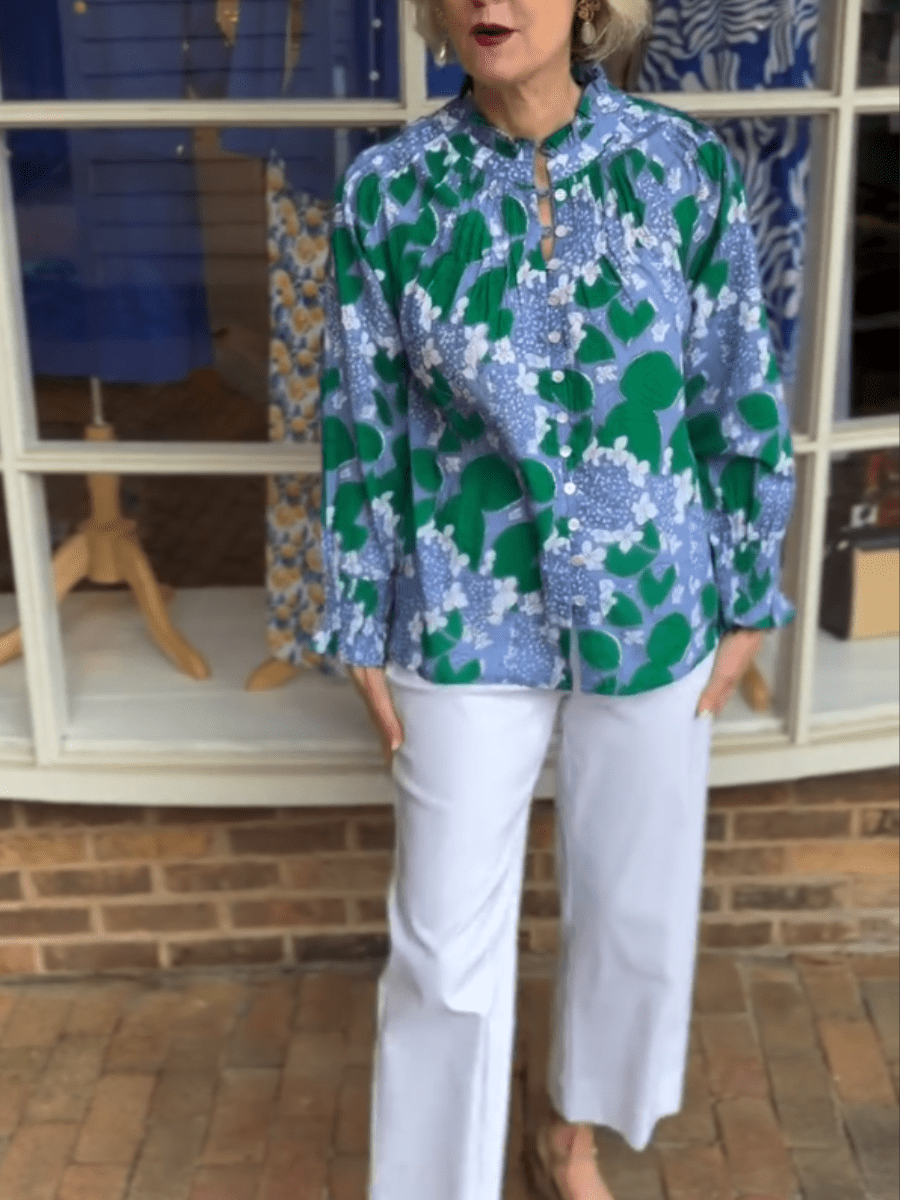 Women’s Hydrangea Print Ruffle Neck Button - Down Blouse With 3/4 Sleeves - allsose