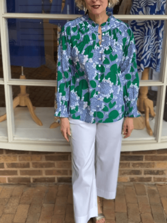 Women’s Hydrangea Print Ruffle Neck Button - Down Blouse With 3/4 Sleeves - allsose