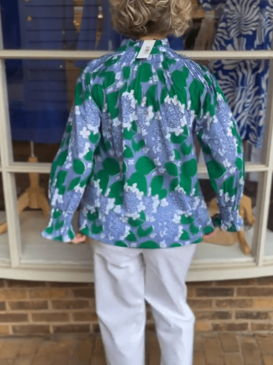 Women’s Hydrangea Print Ruffle Neck Button - Down Blouse With 3/4 Sleeves - allsose