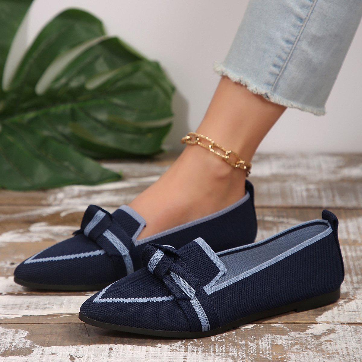 Women's Knit Fabric Bow Loafer Flats - allsose