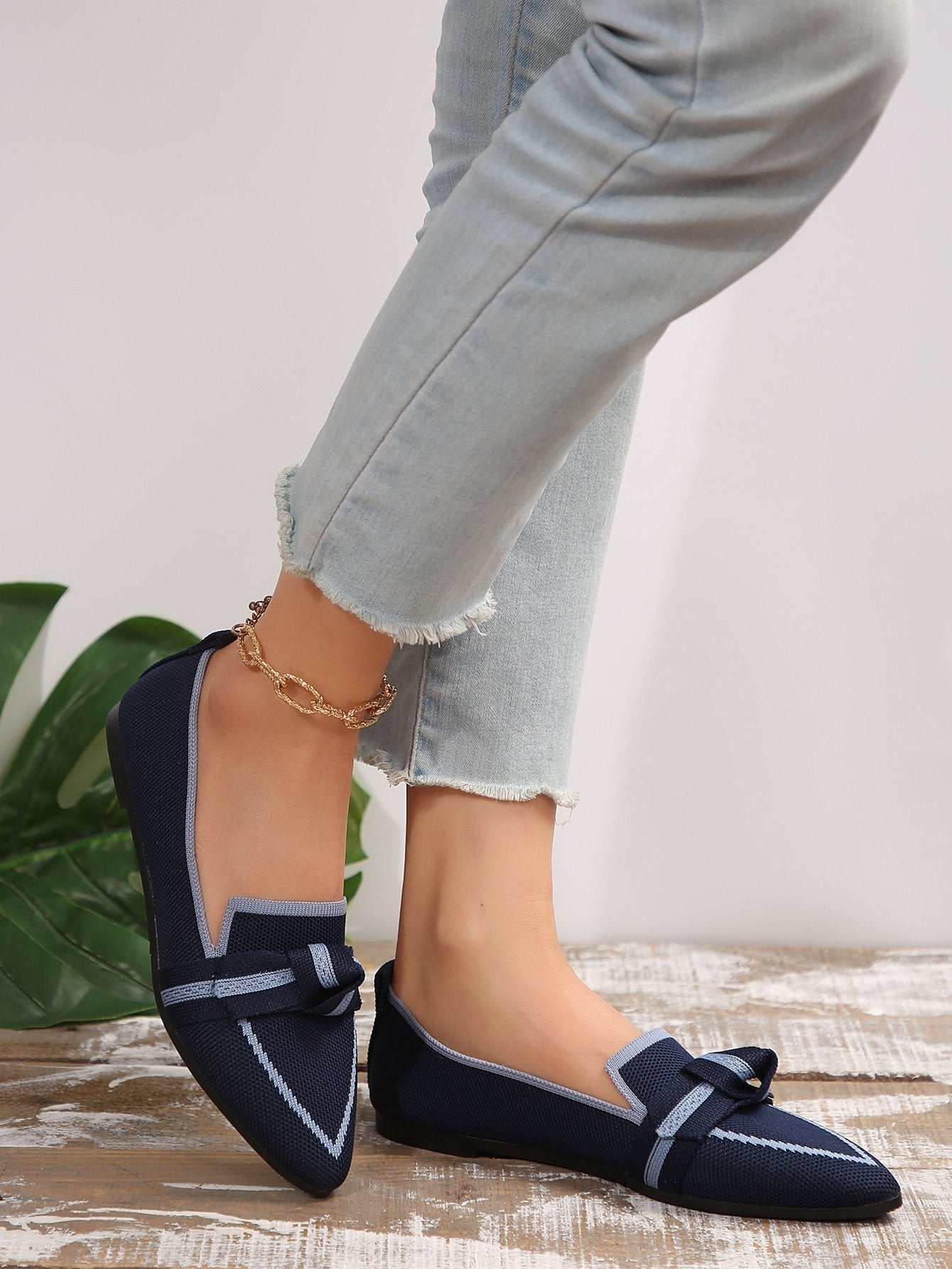 Women's Knit Fabric Bow Loafer Flats - allsose