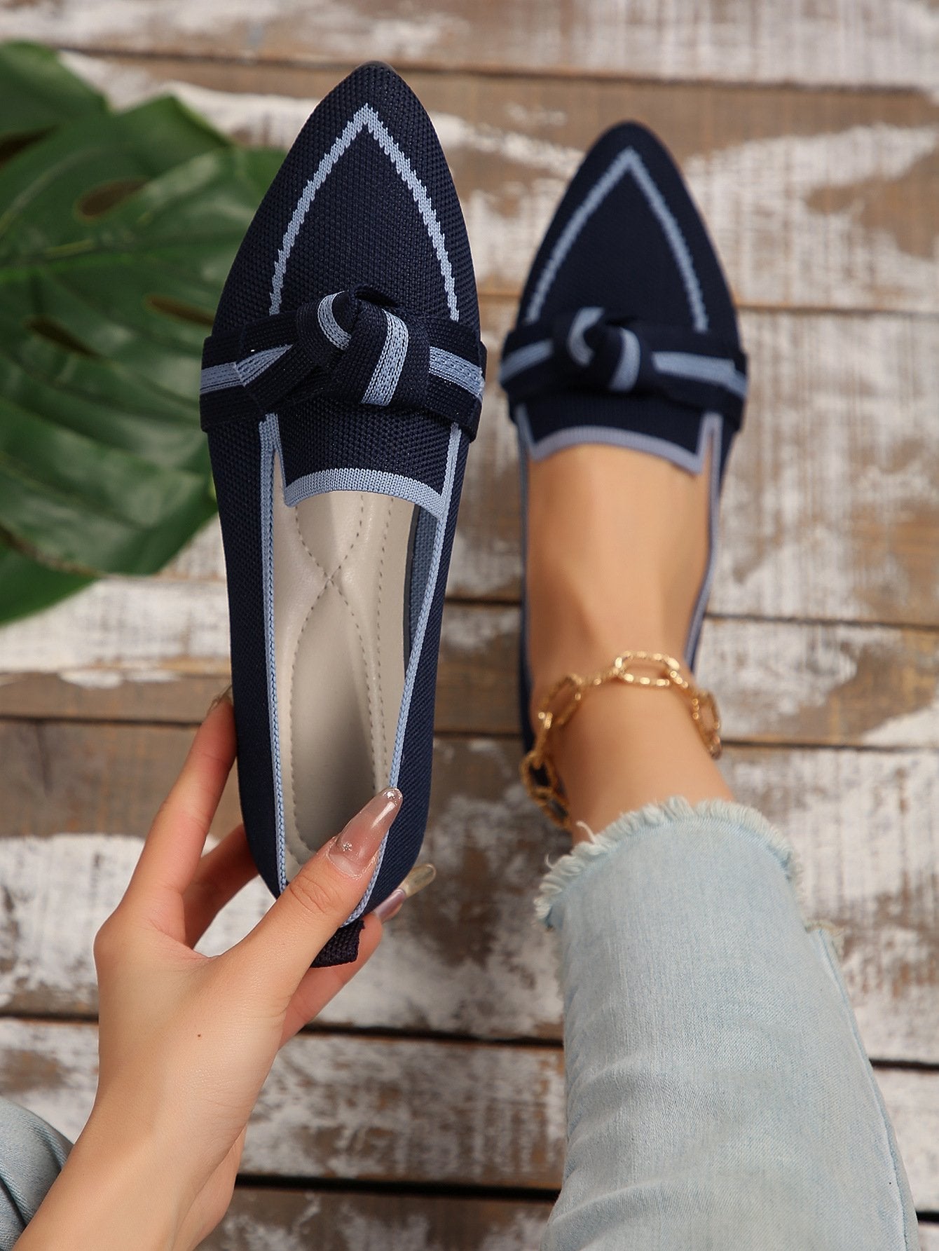 Women's Knit Fabric Bow Loafer Flats - allsose