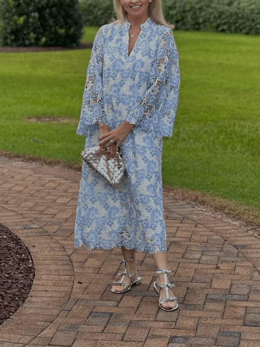 Women's Light Blue Floral Lace Bell Sleeve V - Neck Midi Dress - allsose
