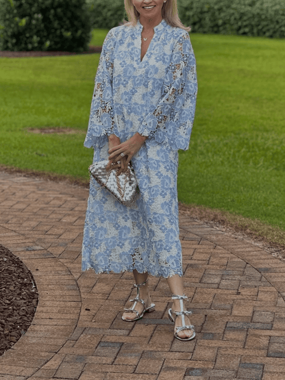 Women's Light Blue Floral Lace Bell Sleeve V - Neck Midi Dress - allsose