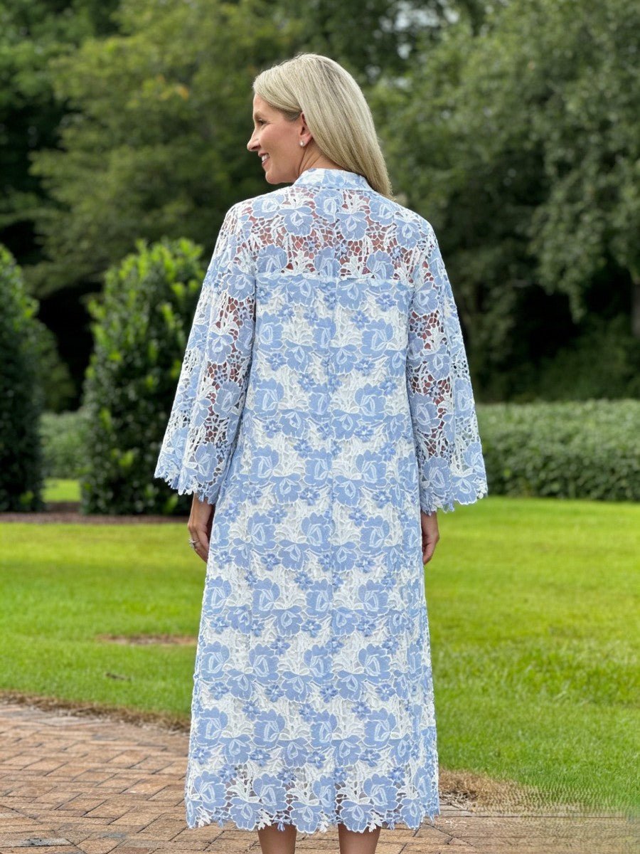Women's Light Blue Floral Lace Bell Sleeve V - Neck Midi Dress - allsose