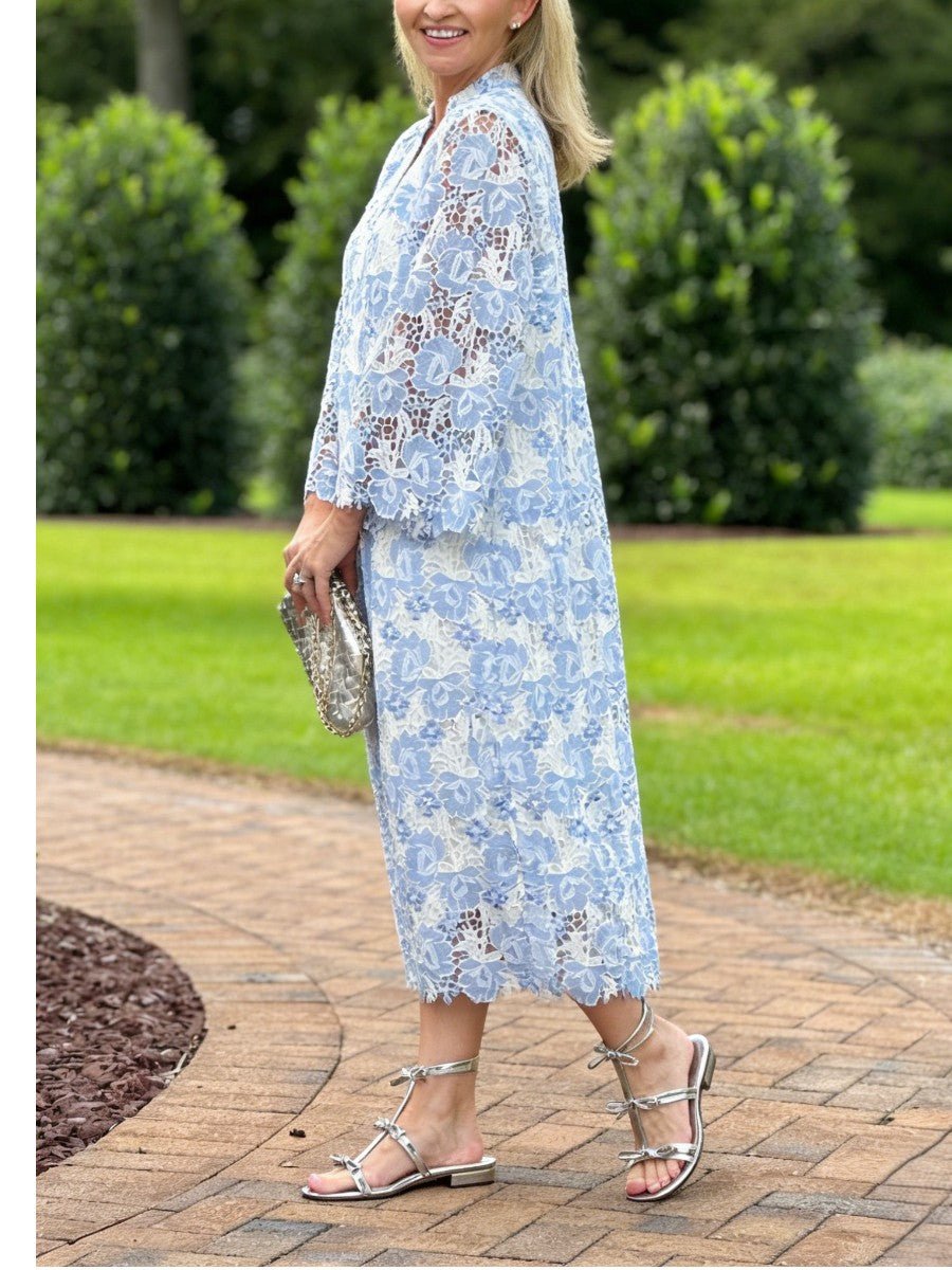Women's Light Blue Floral Lace Bell Sleeve V - Neck Midi Dress - allsose