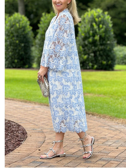 Women's Light Blue Floral Lace Bell Sleeve V - Neck Midi Dress - allsose