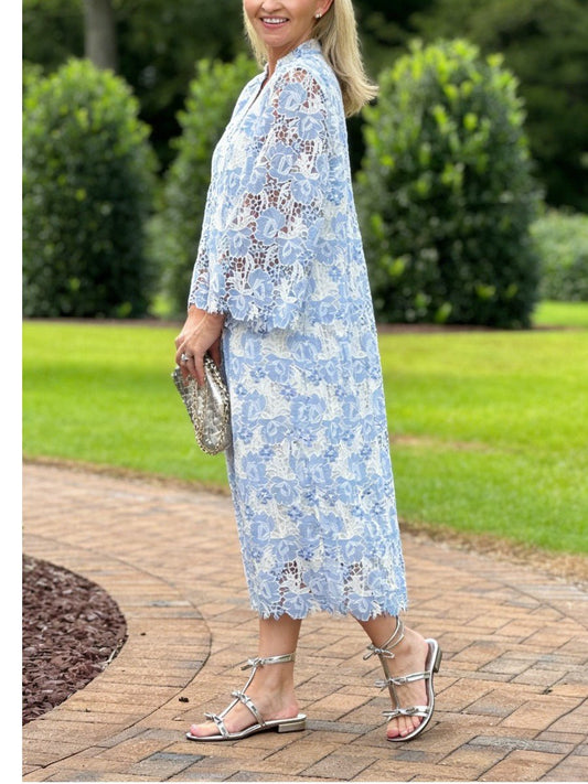 Women's Light Blue Floral Lace Bell Sleeve V - Neck Midi Dress - allsose