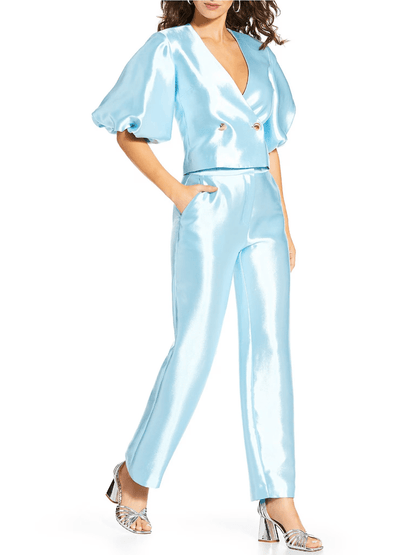 Women's Light Blue Satin High - Waist Straight - Leg Trousers - allsose