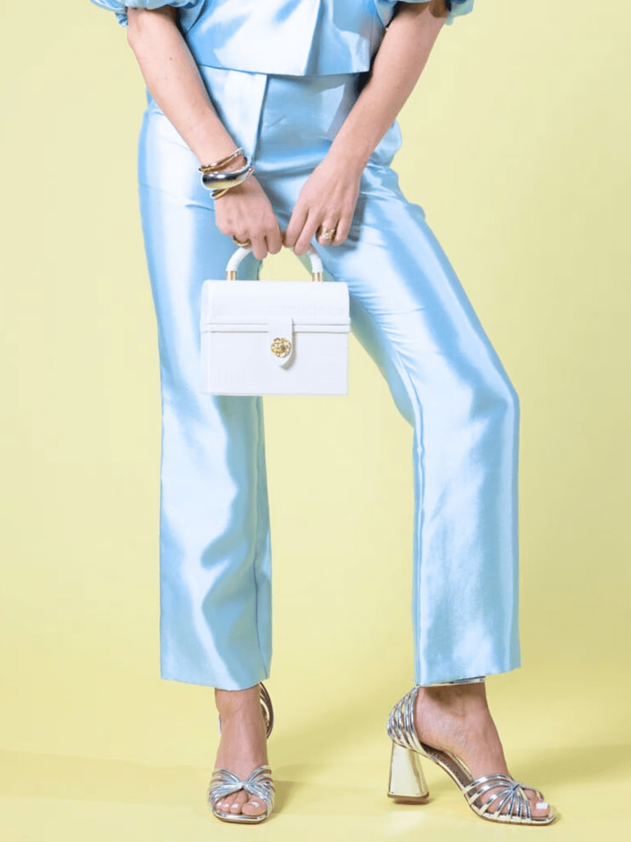 Women's Light Blue Satin High - Waist Straight - Leg Trousers - allsose