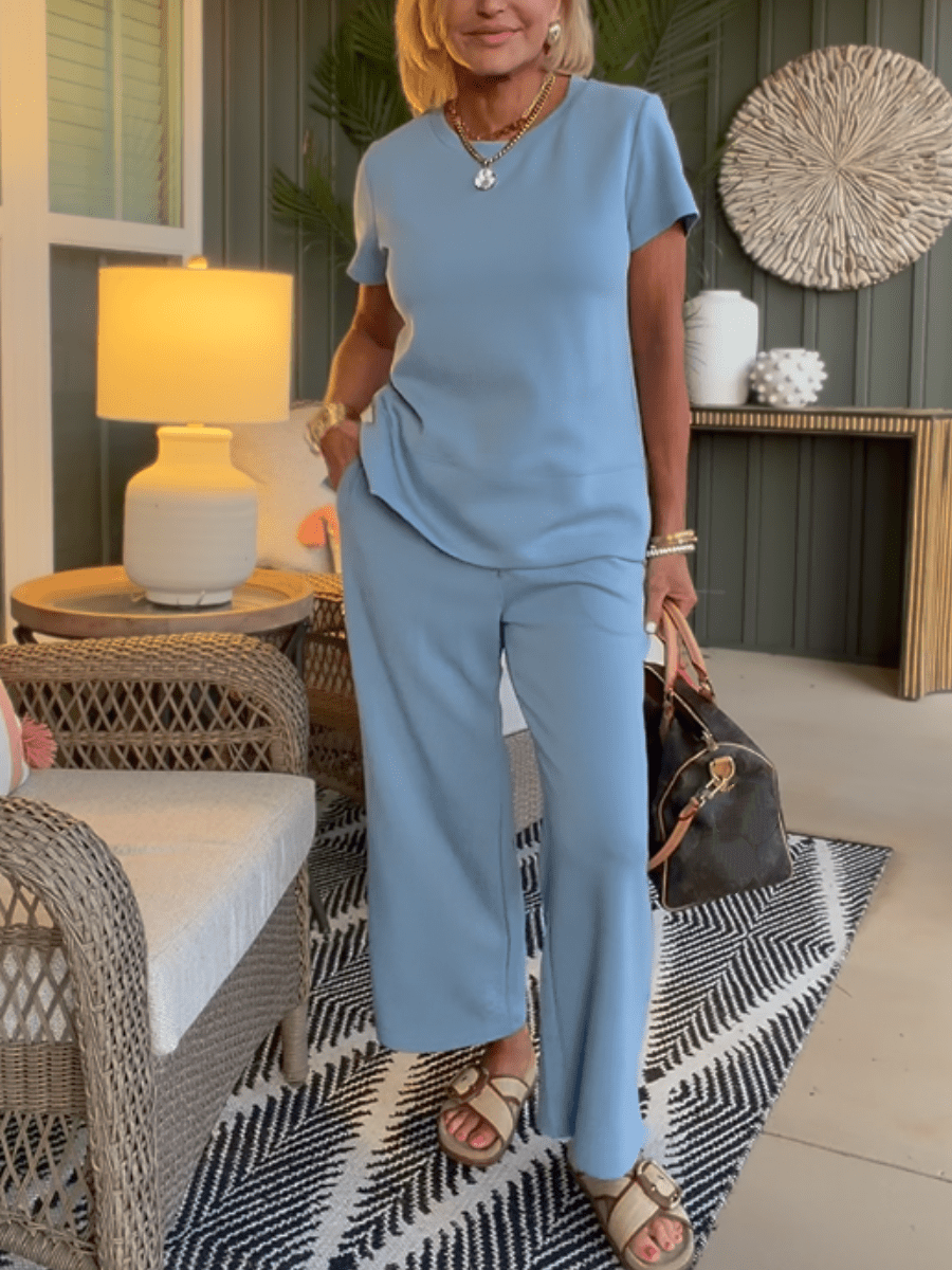 Women's Light Blue Short Sleeve Top & Wide Leg Pant 2 - Piece Loungewear Set - allsose