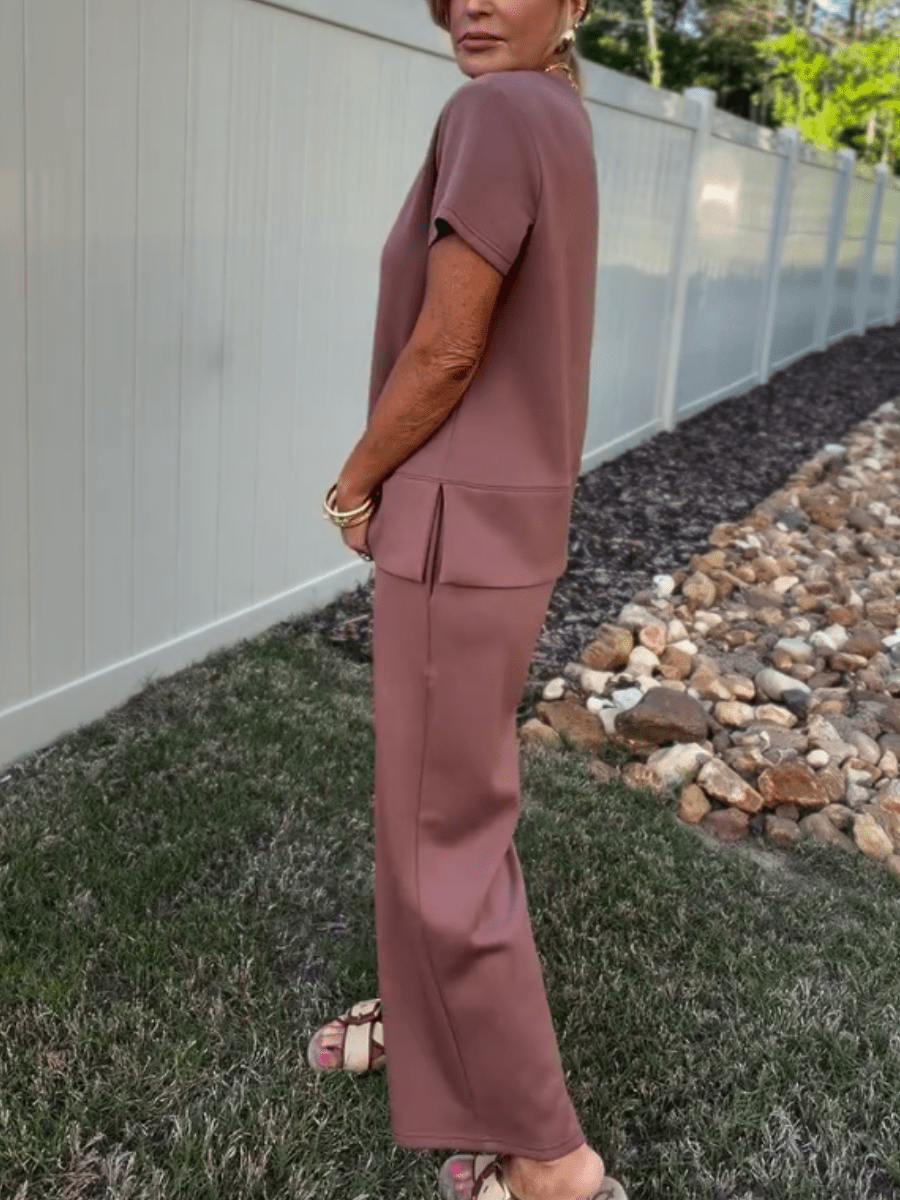 Women's Mocha Short Sleeve Top & Wide Leg Pant 2 - Piece Loungewear Set - allsose