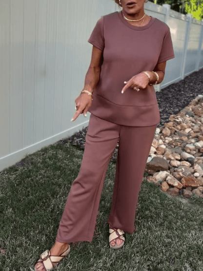Women's Mocha Short Sleeve Top & Wide Leg Pant 2 - Piece Loungewear Set - allsose
