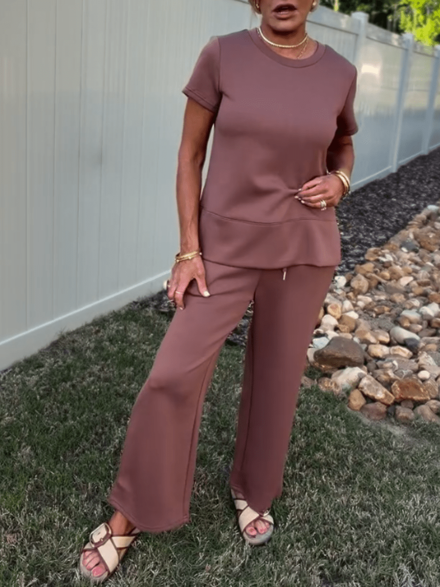Women's Mocha Short Sleeve Top & Wide Leg Pant 2 - Piece Loungewear Set - allsose