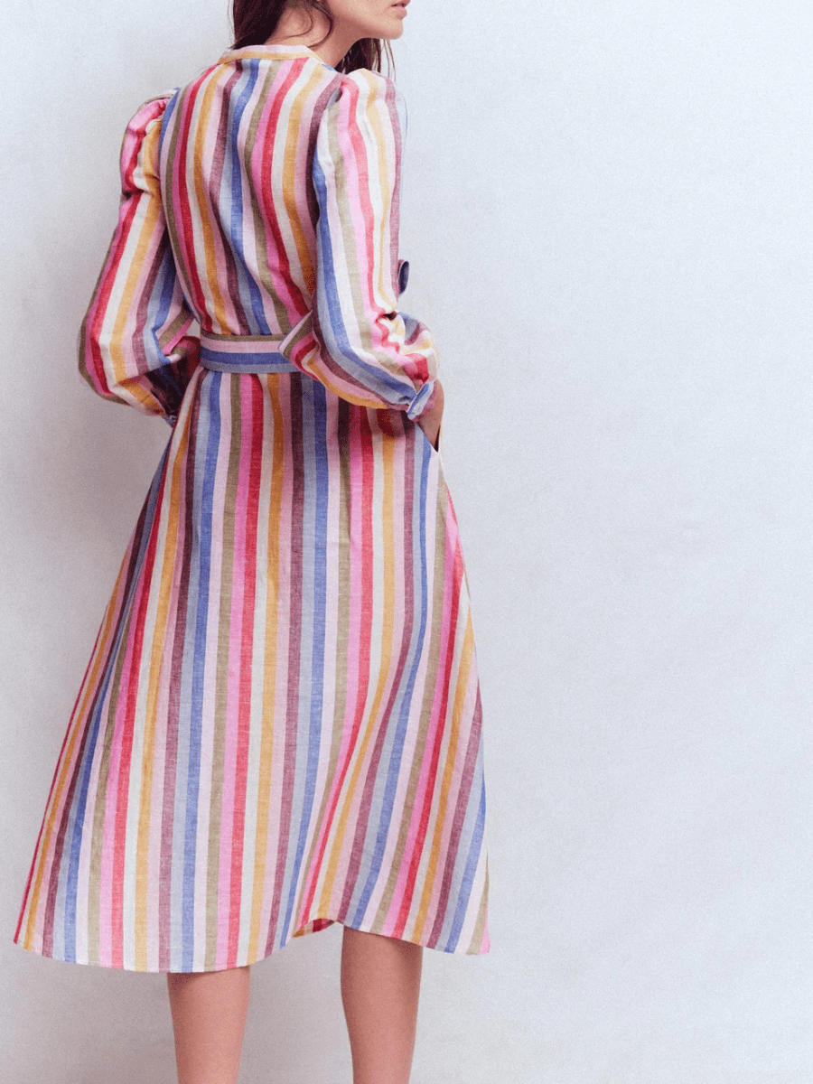 Women's Multicolor Striped Linen Belted Midi Shirt Dress - allsose