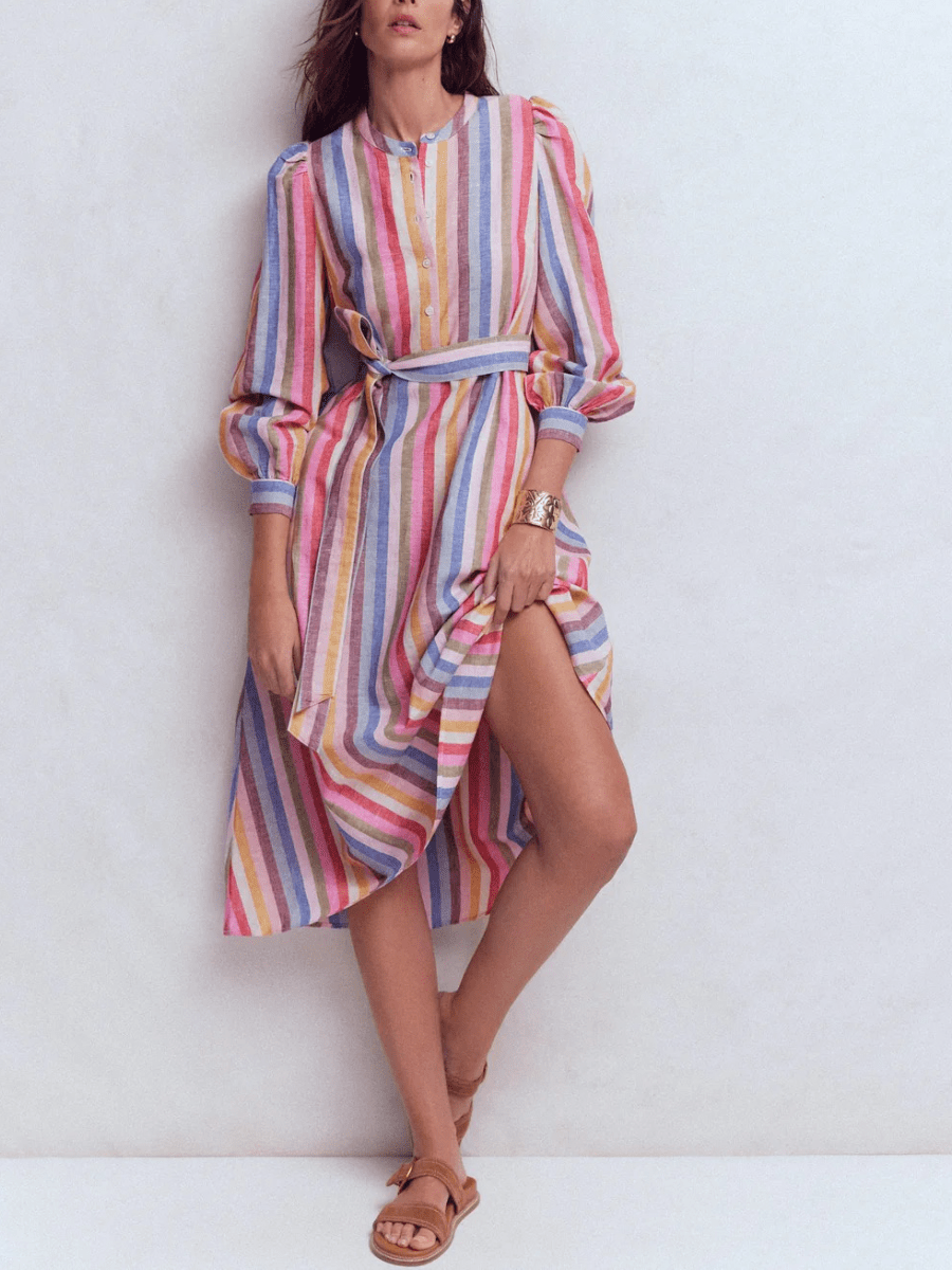 Women's Multicolor Striped Linen Belted Midi Shirt Dress - allsose