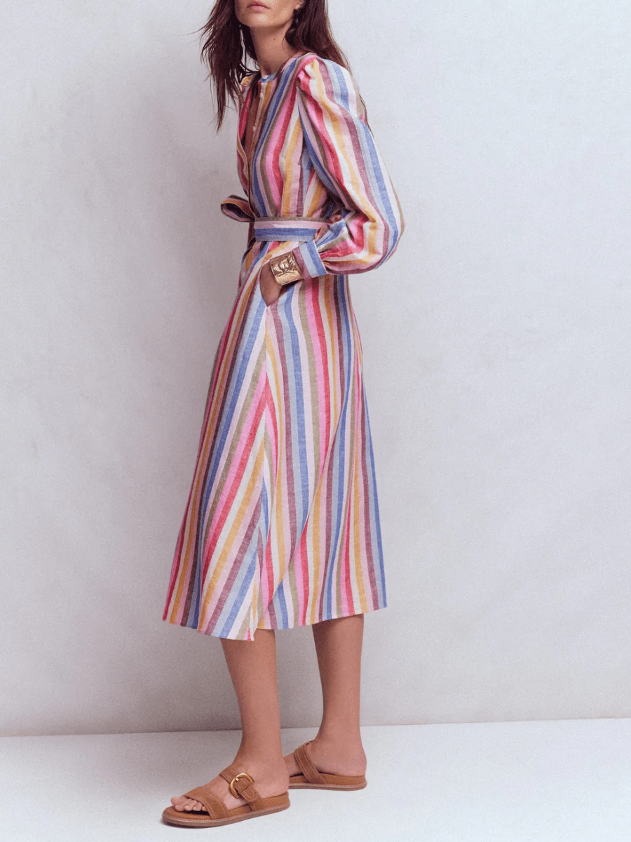 Women's Multicolor Striped Linen Belted Midi Shirt Dress - allsose