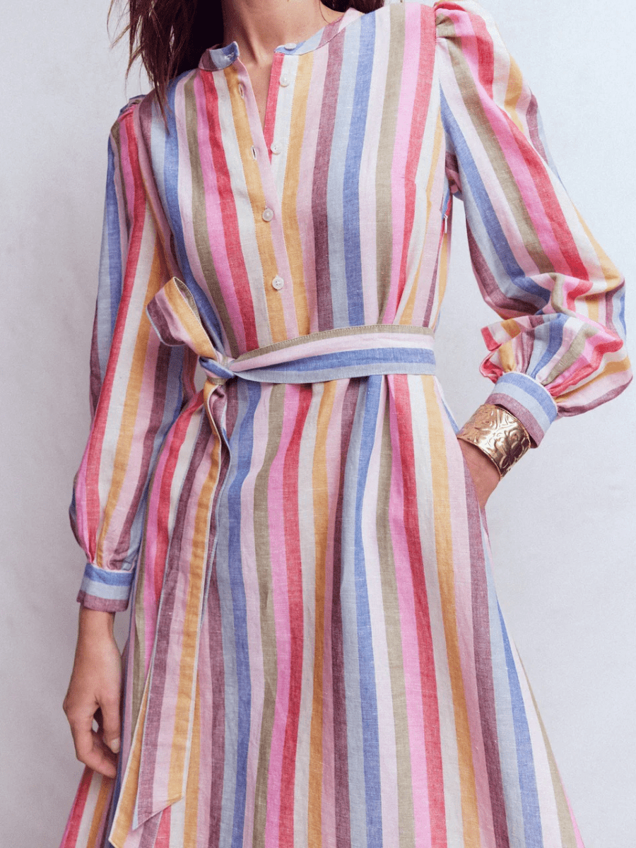 Women's Multicolor Striped Linen Belted Midi Shirt Dress - allsose