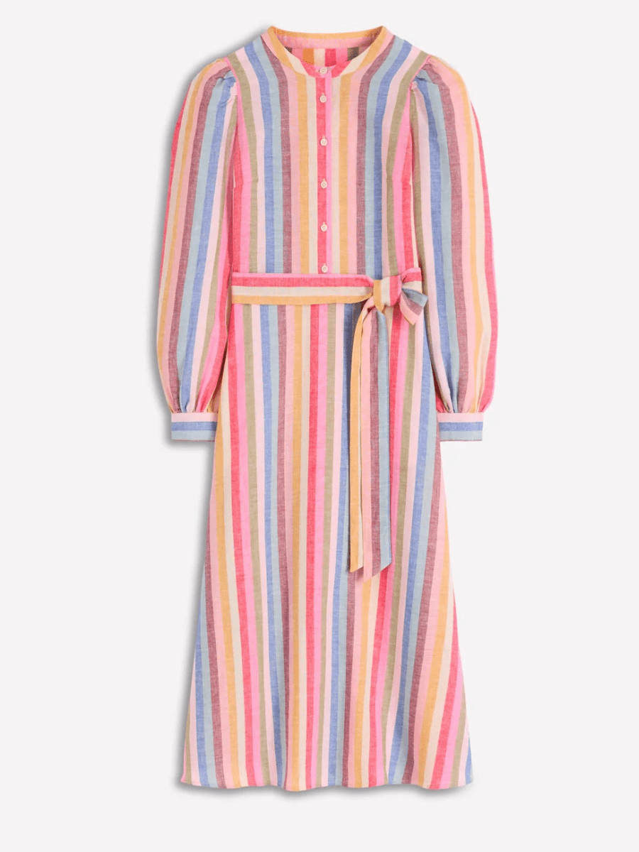 Women's Multicolor Striped Linen Belted Midi Shirt Dress - allsose