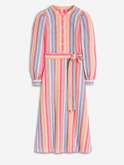 Women's Multicolor Striped Linen Belted Midi Shirt Dress - allsose