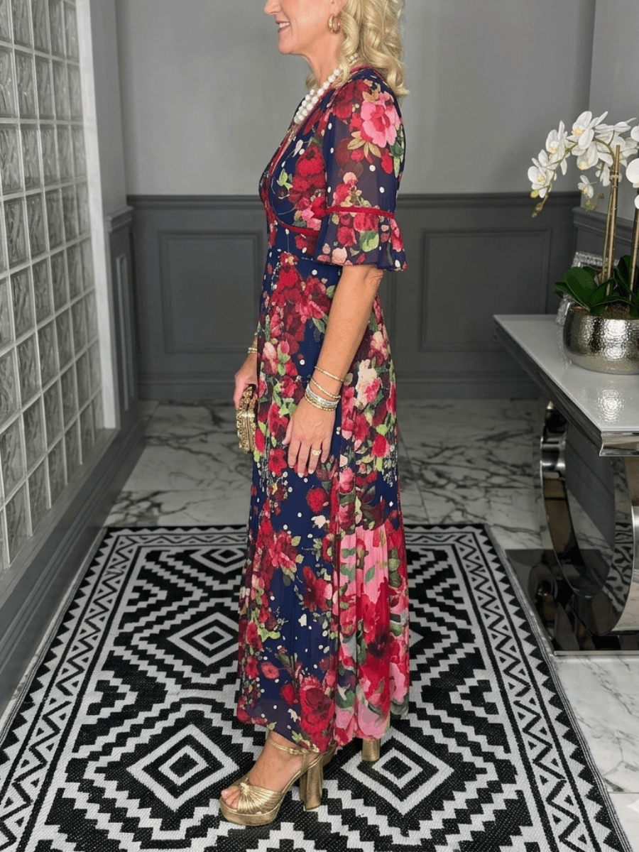 Women's Navy Red Floral Print Maxi Dress - allsose