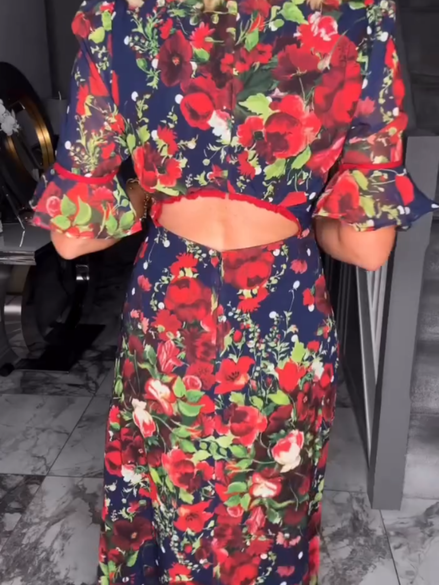 Women's Navy Red Floral Print Maxi Dress - allsose