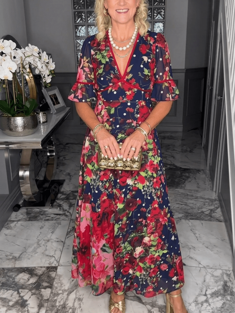 Women's Navy Red Floral Print Maxi Dress - allsose
