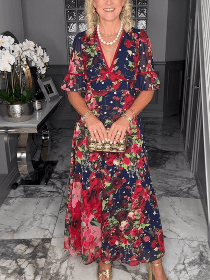 Women's Navy Red Floral Print Maxi Dress - allsose
