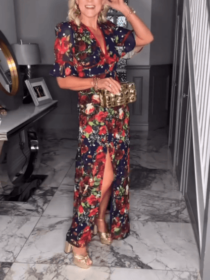 Women's Navy Red Floral Print Maxi Dress - allsose