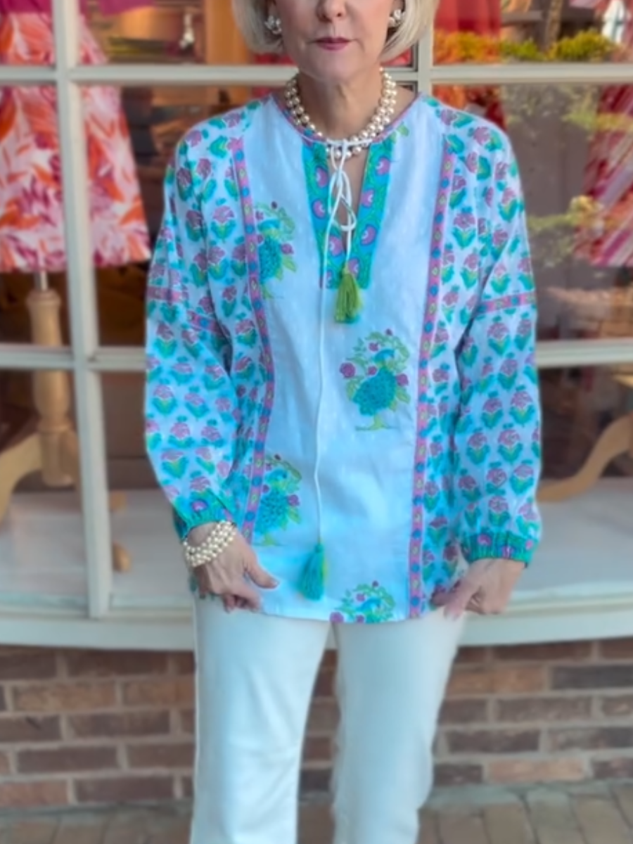 Women's Peacock & Floral Print Tassel Tie Peasant Blouse - allsose