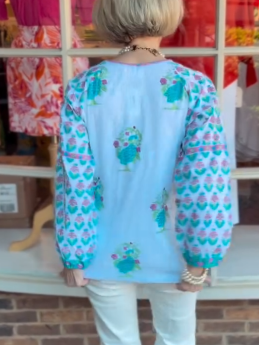 Women's Peacock & Floral Print Tassel Tie Peasant Blouse - allsose