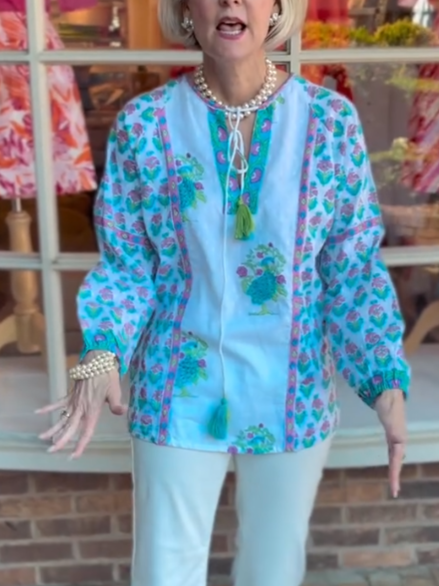 Women's Peacock & Floral Print Tassel Tie Peasant Blouse - allsose