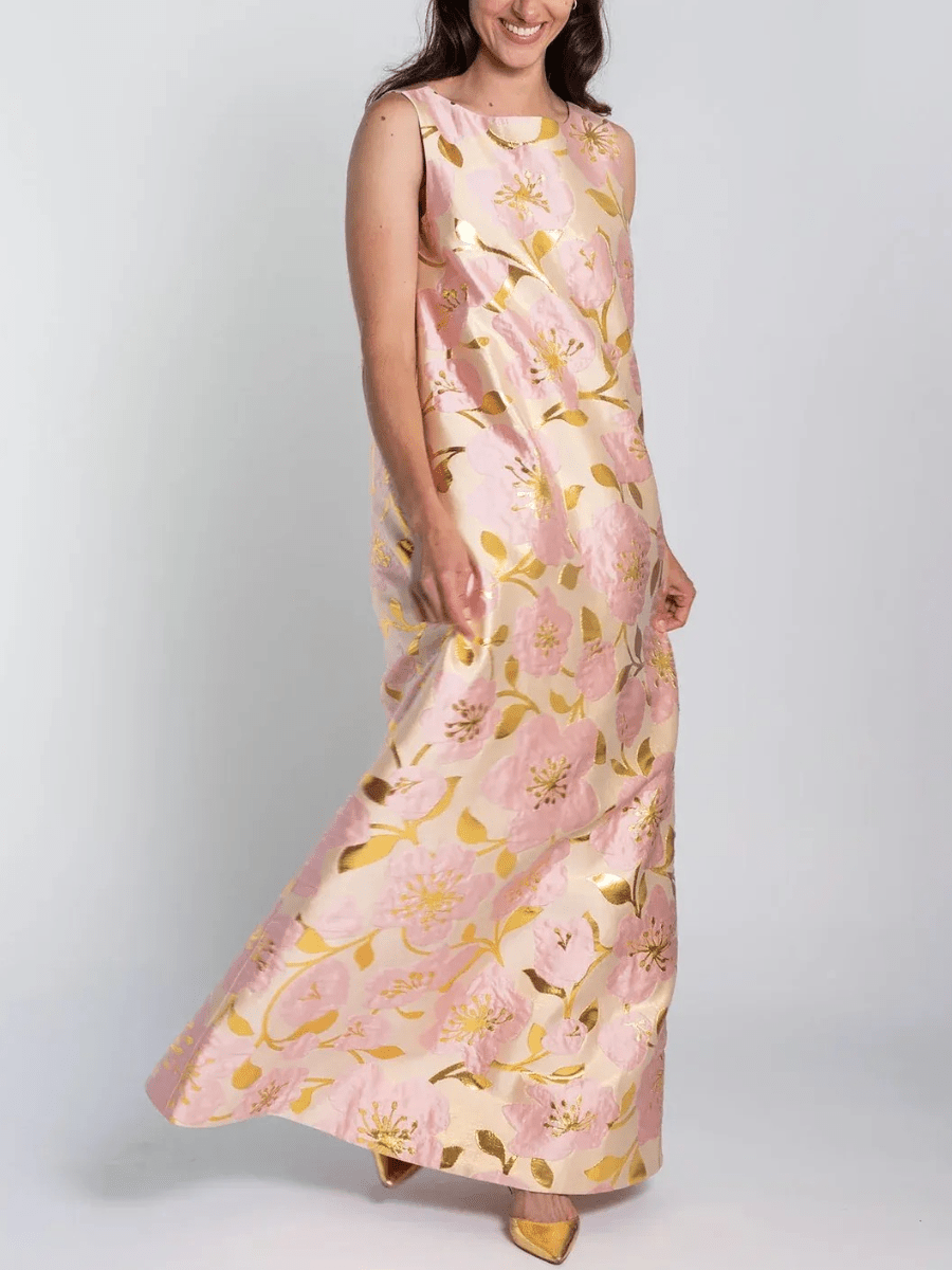 Women's Pink & Gold Floral Jacquard Sleeveless Shift Maxi Dress - allsose