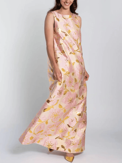 Women's Pink & Gold Floral Jacquard Sleeveless Shift Maxi Dress - allsose