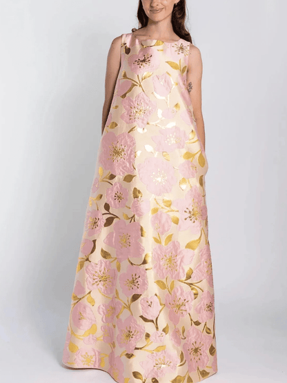 Women's Pink & Gold Floral Jacquard Sleeveless Shift Maxi Dress - allsose