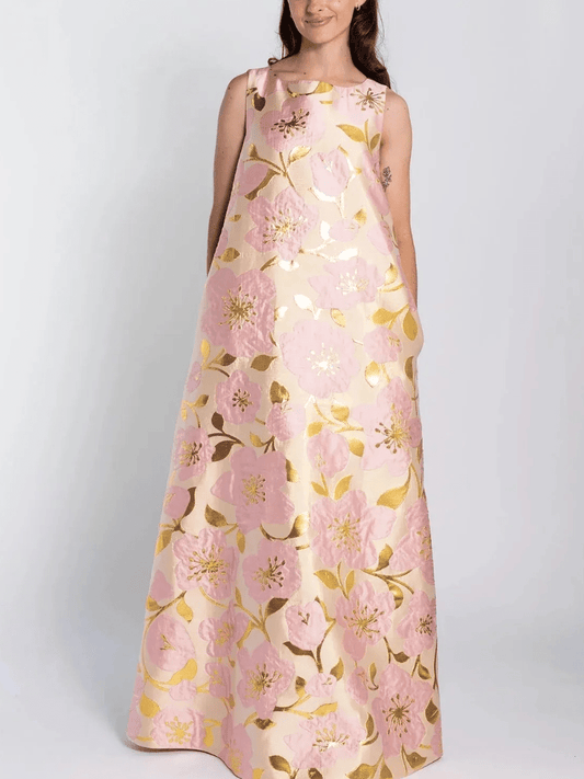 Women's Pink & Gold Floral Jacquard Sleeveless Shift Maxi Dress - allsose