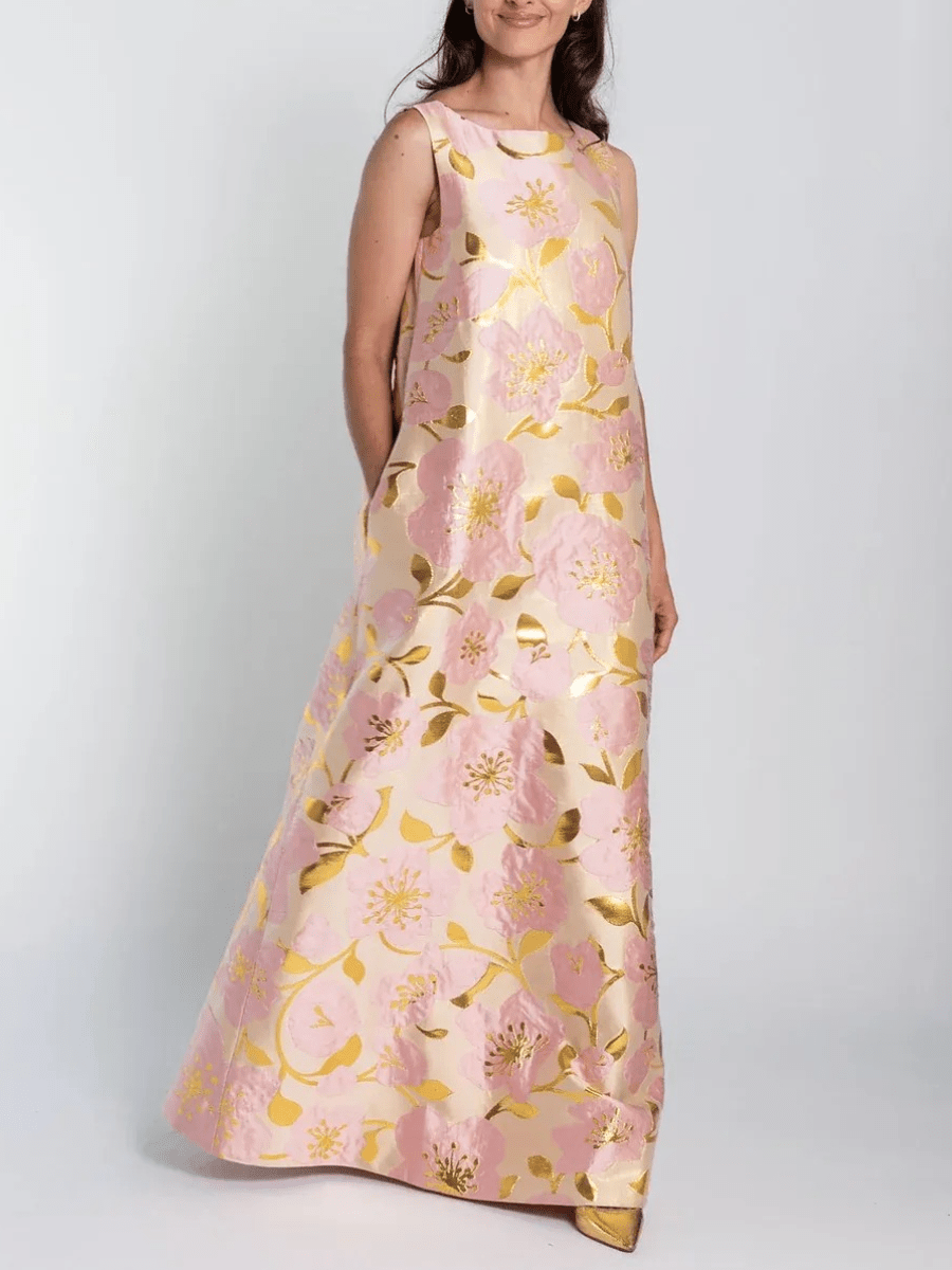 Women's Pink & Gold Floral Jacquard Sleeveless Shift Maxi Dress - allsose