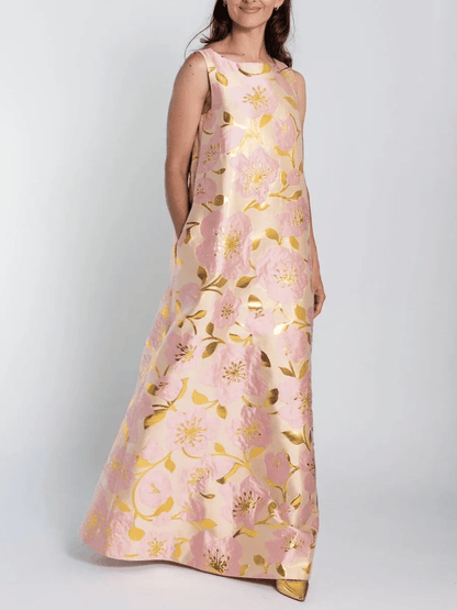 Women's Pink & Gold Floral Jacquard Sleeveless Shift Maxi Dress - allsose