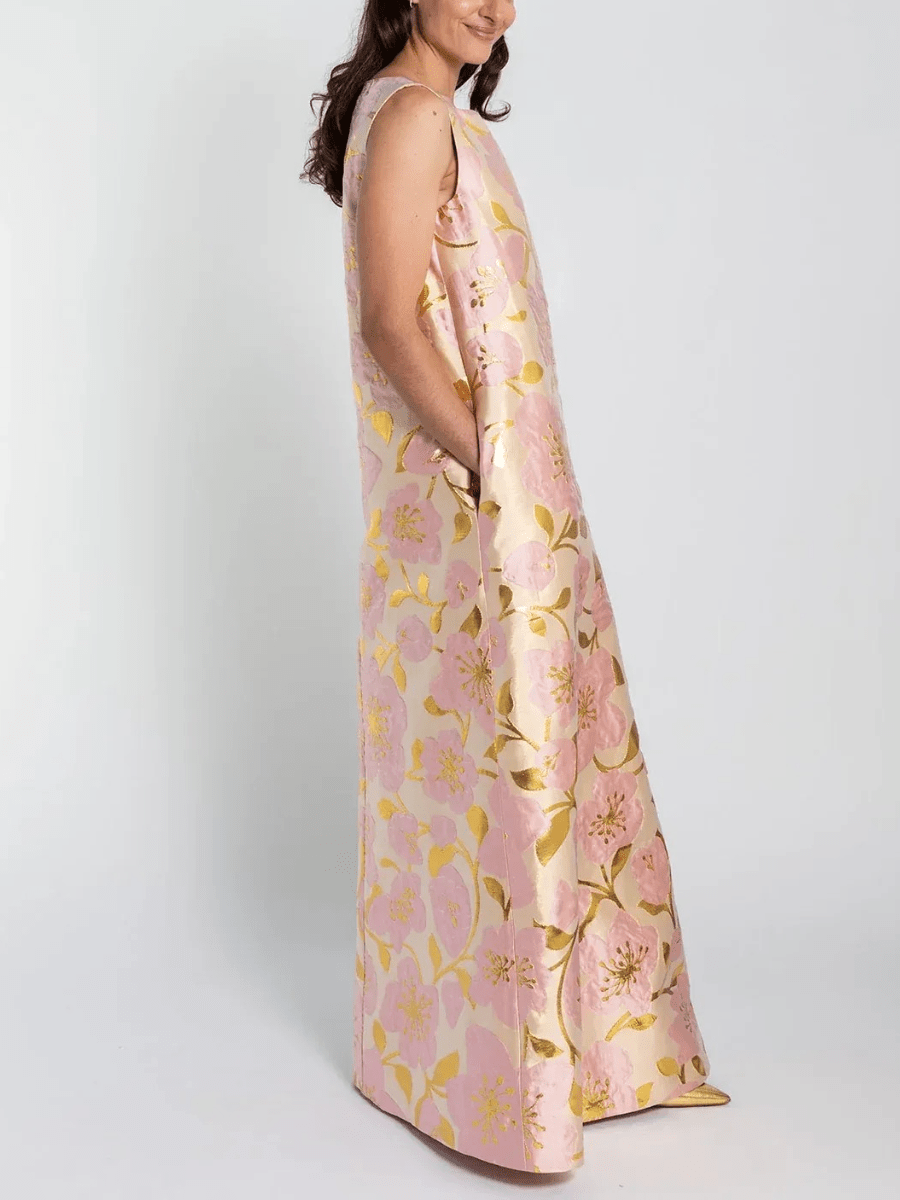 Women's Pink & Gold Floral Jacquard Sleeveless Shift Maxi Dress - allsose