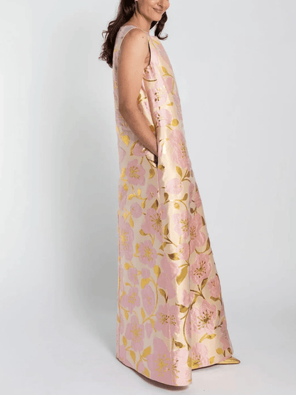 Women's Pink & Gold Floral Jacquard Sleeveless Shift Maxi Dress - allsose