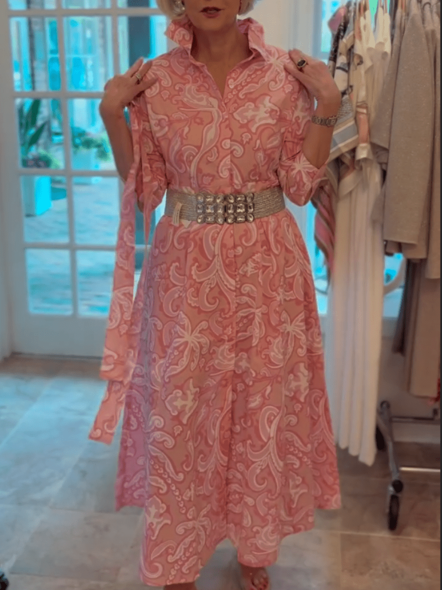 Women's Pink Paisley Print Button - Front Midi Dress - allsose