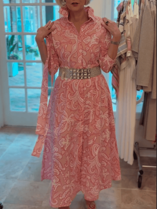 Women's Pink Paisley Print Button - Front Midi Dress - allsose