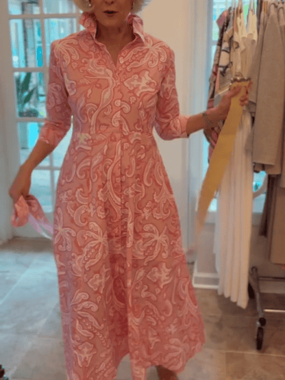 Women's Pink Paisley Print Button - Front Midi Dress - allsose