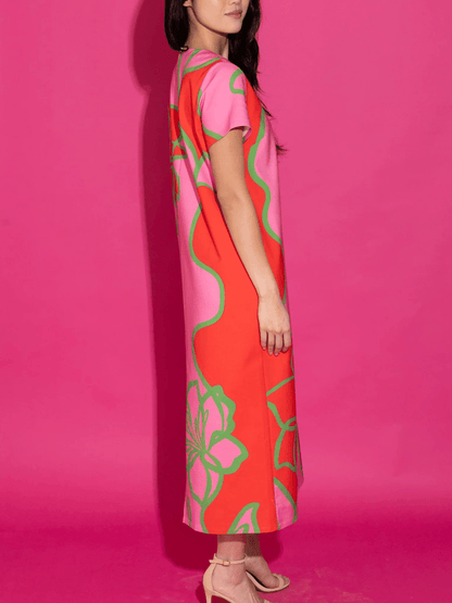 Women's Pink & Red Floral Print Colorblock Shift Midi Dress With Short Sleeves - allsose
