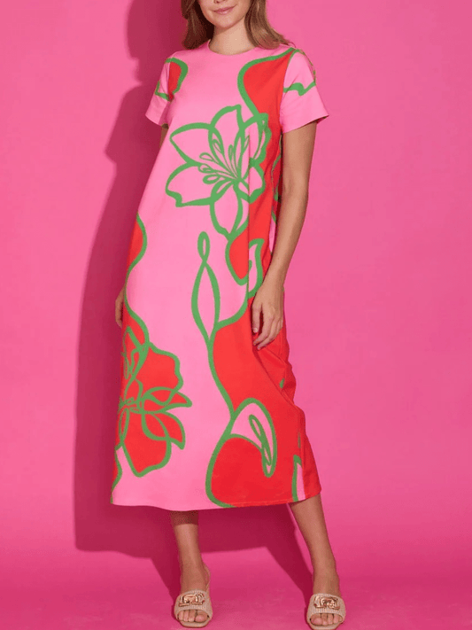 Women's Pink & Red Floral Print Colorblock Shift Midi Dress With Short Sleeves - allsose