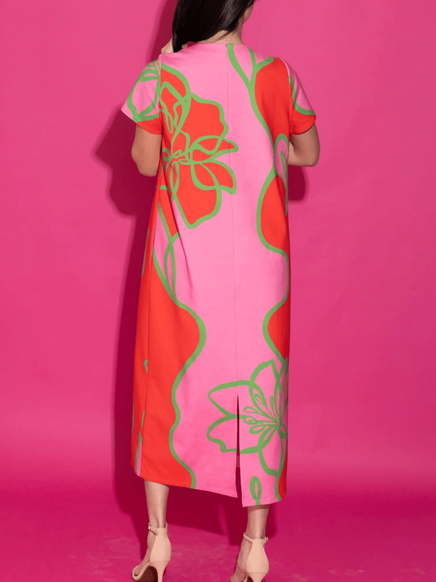 Women's Pink & Red Floral Print Colorblock Shift Midi Dress With Short Sleeves - allsose